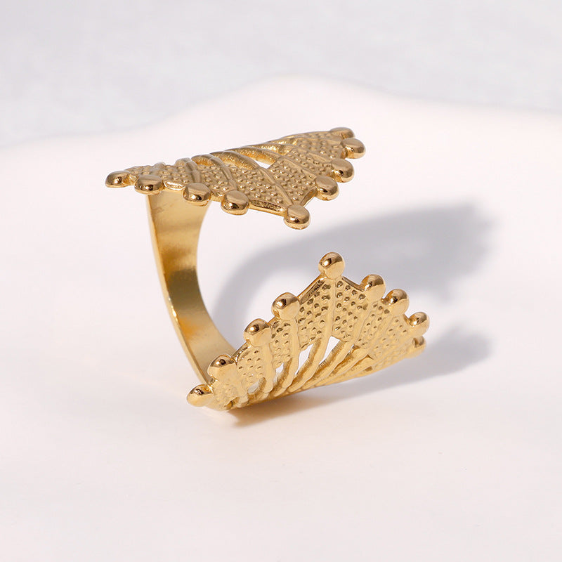 Vintage Geometric Fan-Shaped Hollow Stainless Steel Adjustable Open Ring for Women