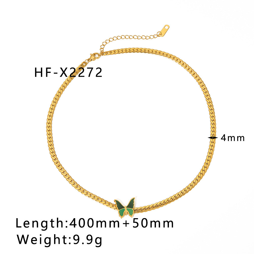 Vintage French Style Green Butterfly Pendant Necklace in Stainless Steel with 18K Gold Plating on Snake Chain for Women