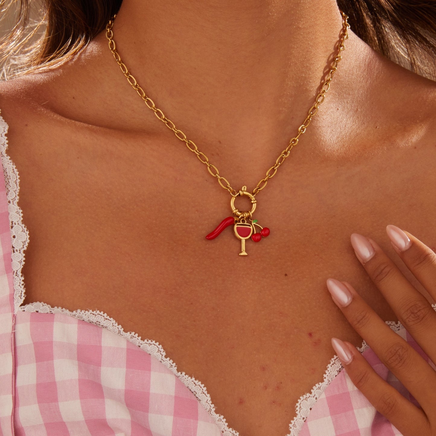 Elegant 18K Gold Plated Stainless Steel Cherry Fruit Charm Bar Necklace for Women