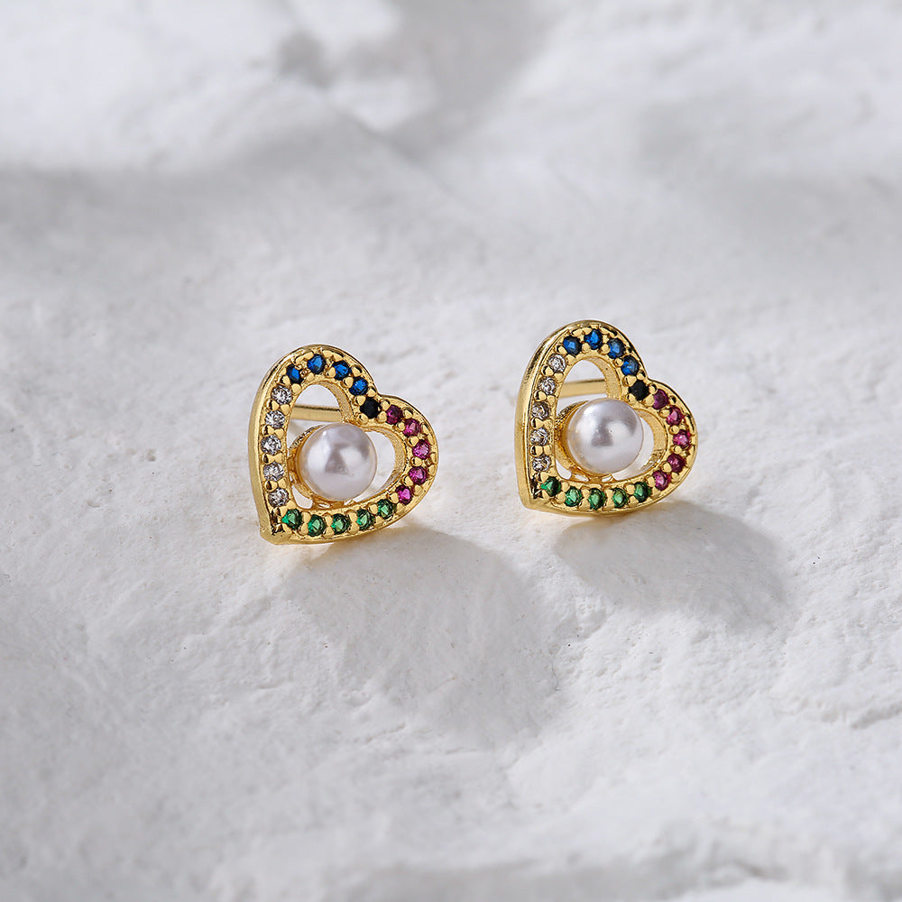 Minimalist Heart-Shaped Copper Earrings with 18K Gold Plating Micro-Pave Zirconia and Pearl Accents for Women