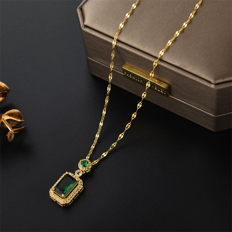 Elegant Red and Green Letter-Shaped Titanium Steel Necklace with Micro-Pave Zirconia for Women