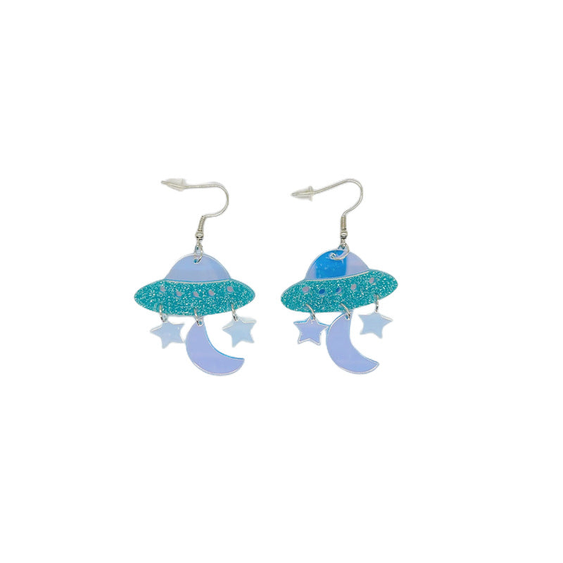 Pendientes de platillo volador alienígena OVNI con luna, estrella, vaca, gato y arco iris de acrílico extragrande para mujer con detalle cortado a láser