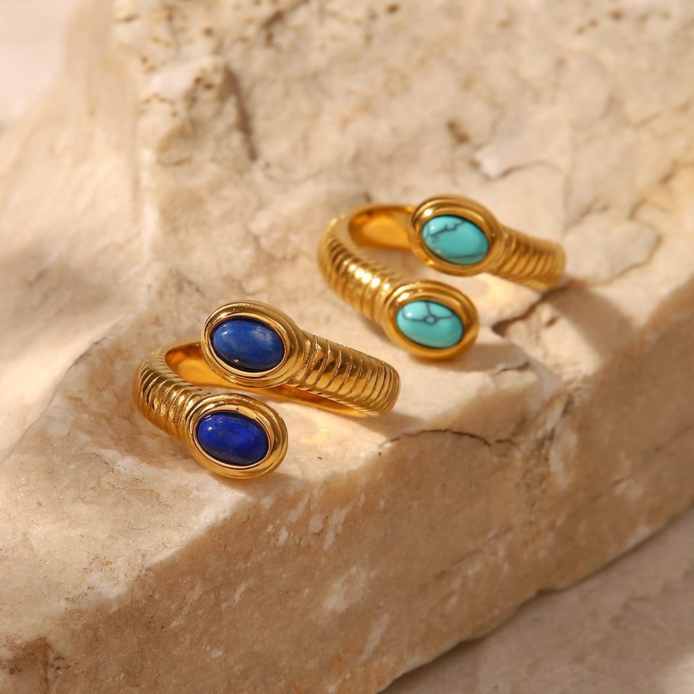 Minimalist Geometric Stainless Steel Ring with 18K Gold Plating and Lapis Lazuli Inlay Snake Design