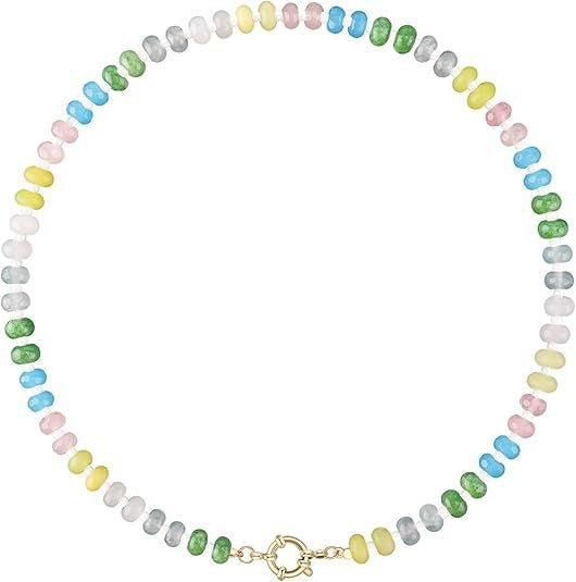 Sweet 8mm Natural Stone Bead Necklace Stainless Steel Geometric Round Ball Chain for Women
