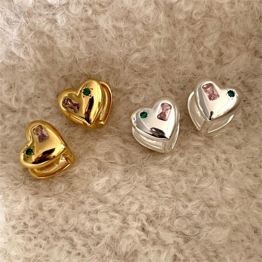 Pendientes minimalistas de tuerca de plata de ley 925 con forma de corazón e incrustaciones de circonita para mujer