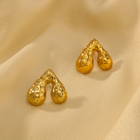 Minimalist Heart-Shaped Hammered Stainless Steel Earrings with 18K Gold Plating for Women