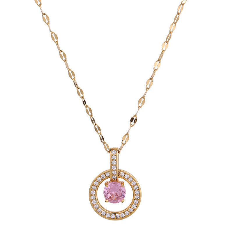 Fashion Titanium Steel Round Zircon Inlay 18K Rose Gold Lip Chain Necklace