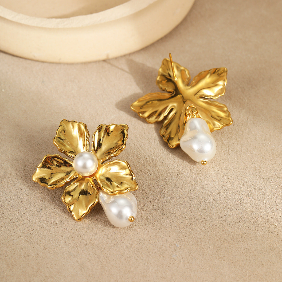 Vintage Baroque Floral Pearl Earrings in Stainless Steel with 18K Gold Plating for Women