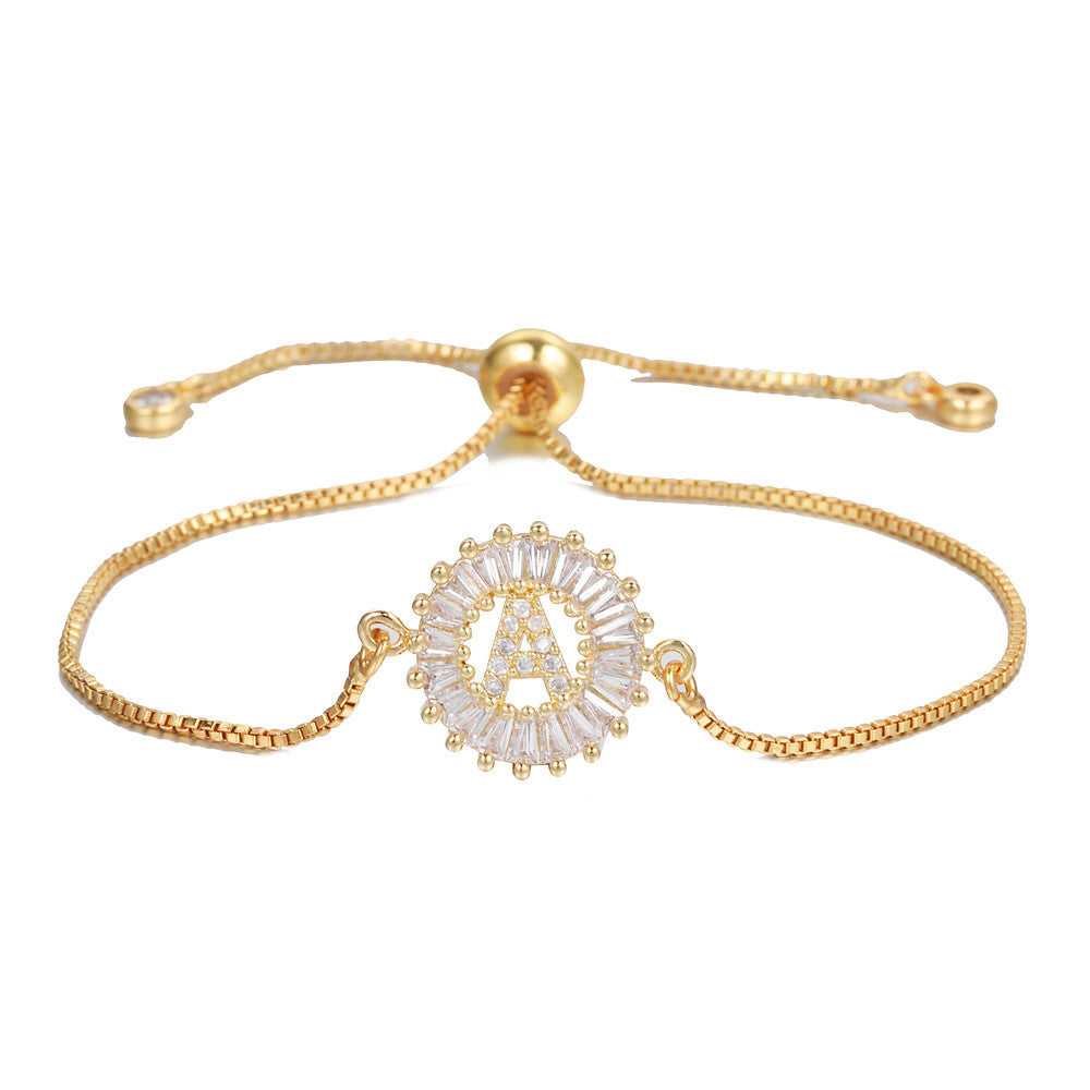 Minimalist Gold Plated Brass Letter Bracelet with Cubic Zirconia Adjustable A-Z