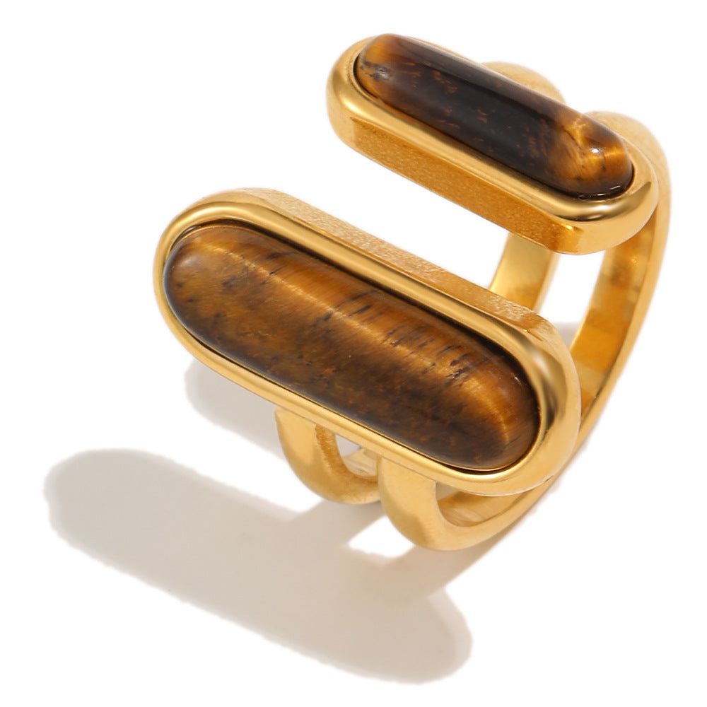Minimalist Luxury 18K Gold Plated Stainless Steel Geometric Tiger's Eye Open Ring for Women