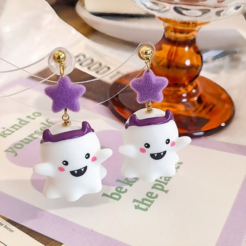 Lindos pendientes de resina con forma de fantasma para mujer con diseño de personaje de dibujos animados en estilo estético dulce