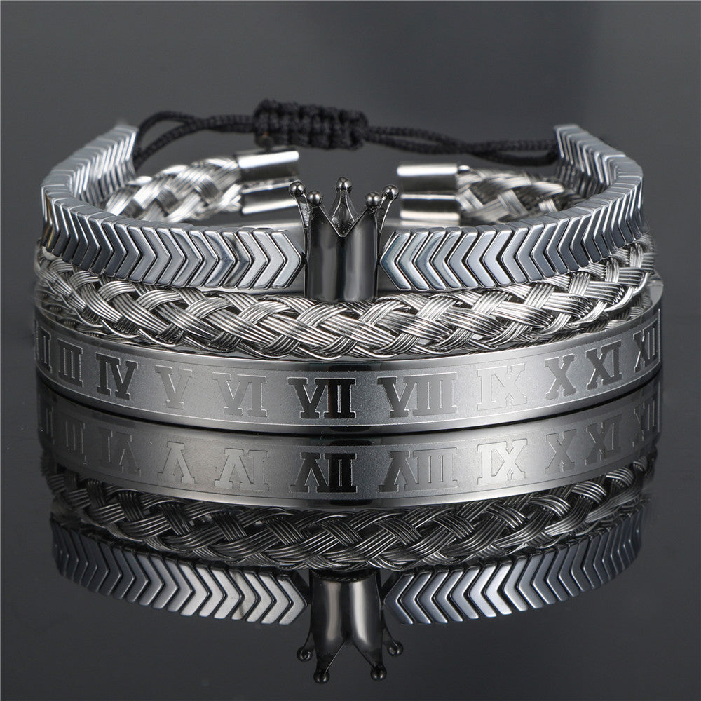 Vintage Crown Geometric Micro-inlay Stainless Steel Mesh Open Cuff Bracelet Set for Unisex