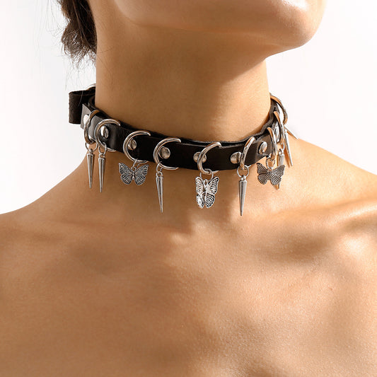 Sweet and Edgy Geometric PU Leather Choker Necklace for Women with Rivet Butterfly Design and Handcrafted Finish