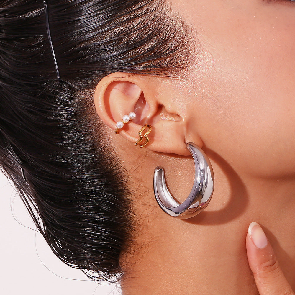 Minimalist Geometric Moon-Shaped Stainless Steel Earrings with 18K Gold Plating for Women