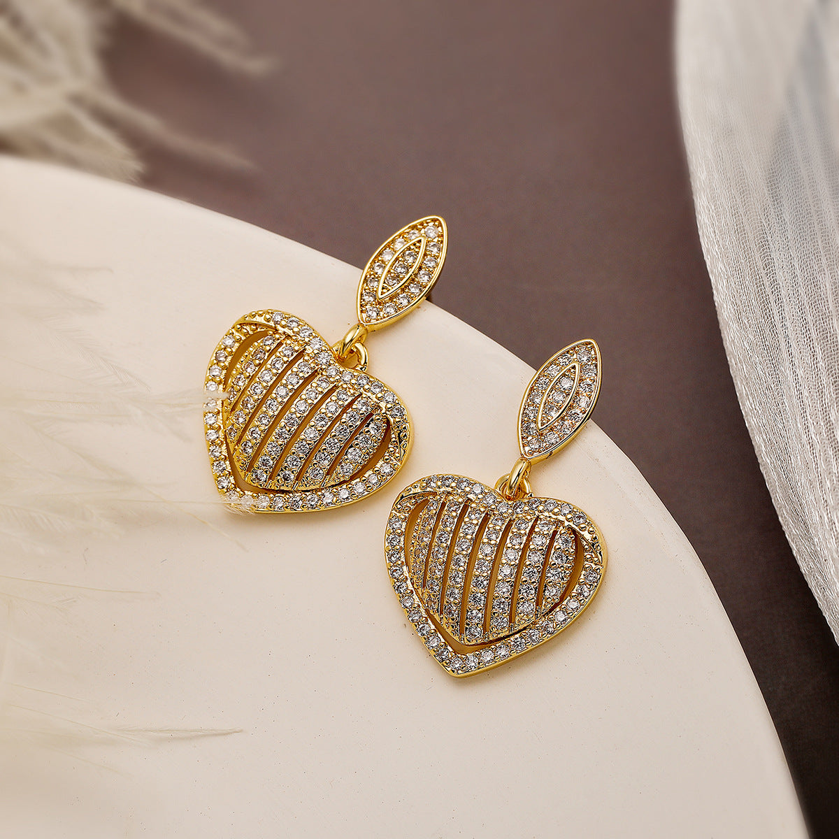 Minimalist Heart-Shaped Copper Earrings with Real Gold Plating and Zircon Accents for Women