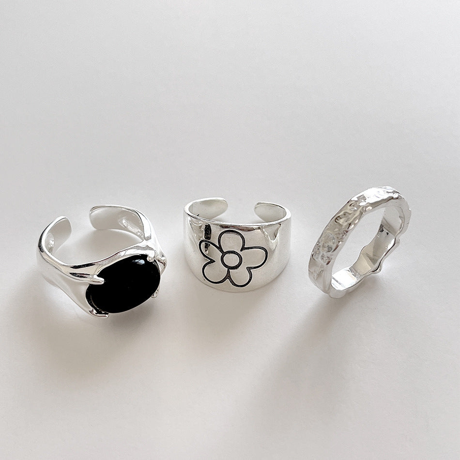Anello floreale minimalista in argento sterling 925 con intarsio in agata nera, gioielli da donna regolabili