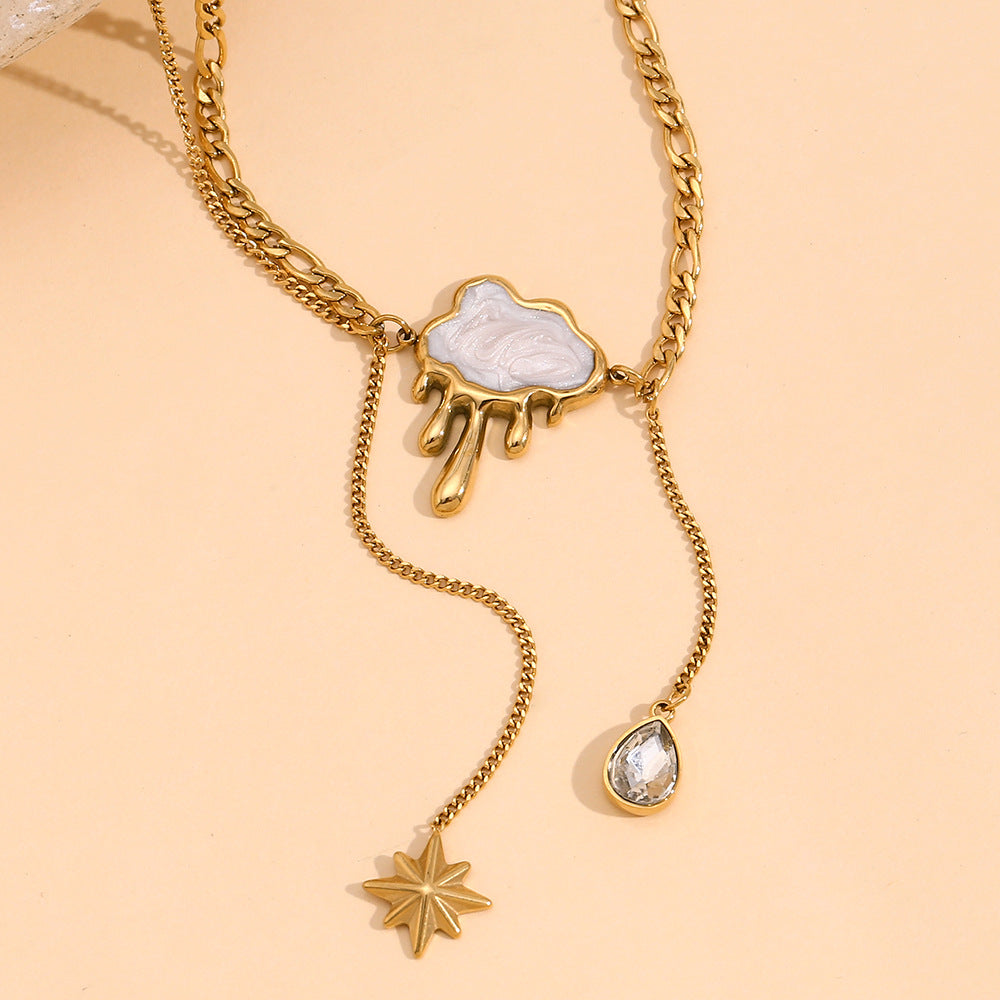 Vintage Elegant 18K Gold Plated Stainless Steel Geometric Cloud Shell Tassel Double Layer Necklace for Women