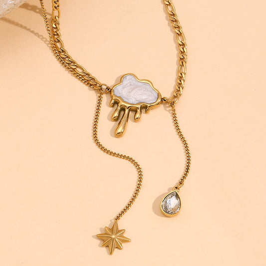 Vintage Elegant 18K Gold Plated Stainless Steel Geometric Cloud Shell Tassel Double Layer Necklace for Women