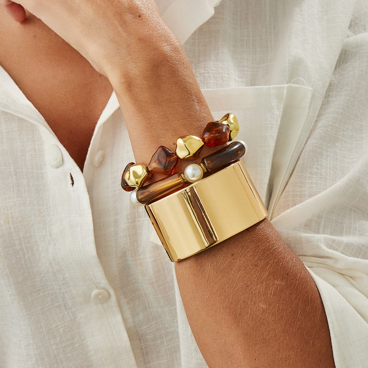 Vintage Geometric Round Resin Plated Wide Spring Cuff Bracelet