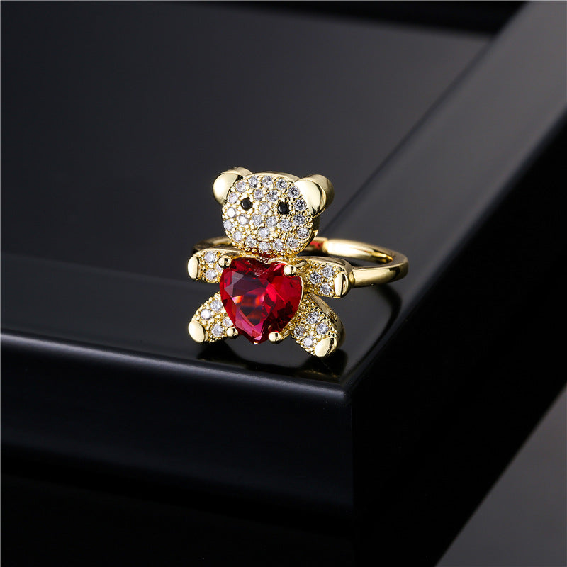 INS Style Adjustable Open Ring with Bear and Heart Motif in Copper with Micro-Pave Setting