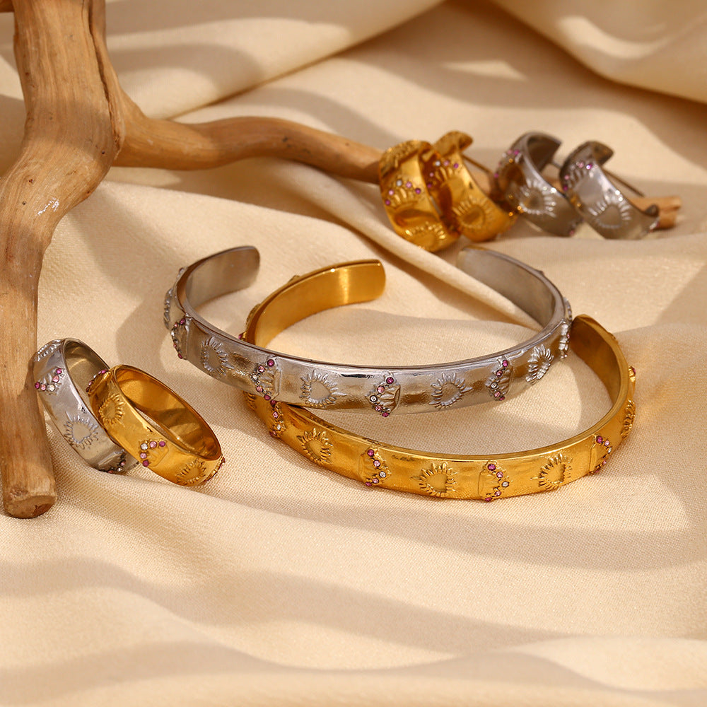 Elegant Geometric 18K Gold Plated Stainless Steel Ring Bracelet Earring Set for Women