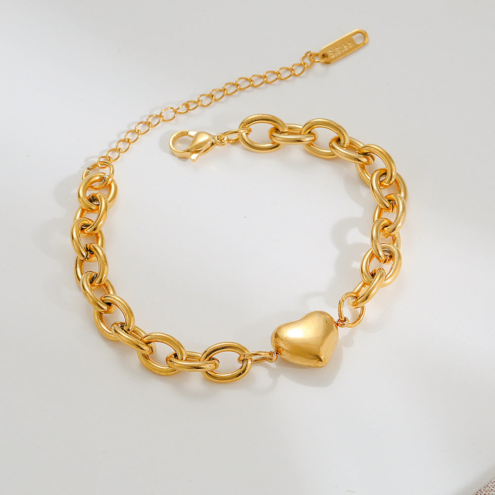 Minimalist Heart-Shaped Titanium Steel Bracelet with Plated O-Link Chain for Women