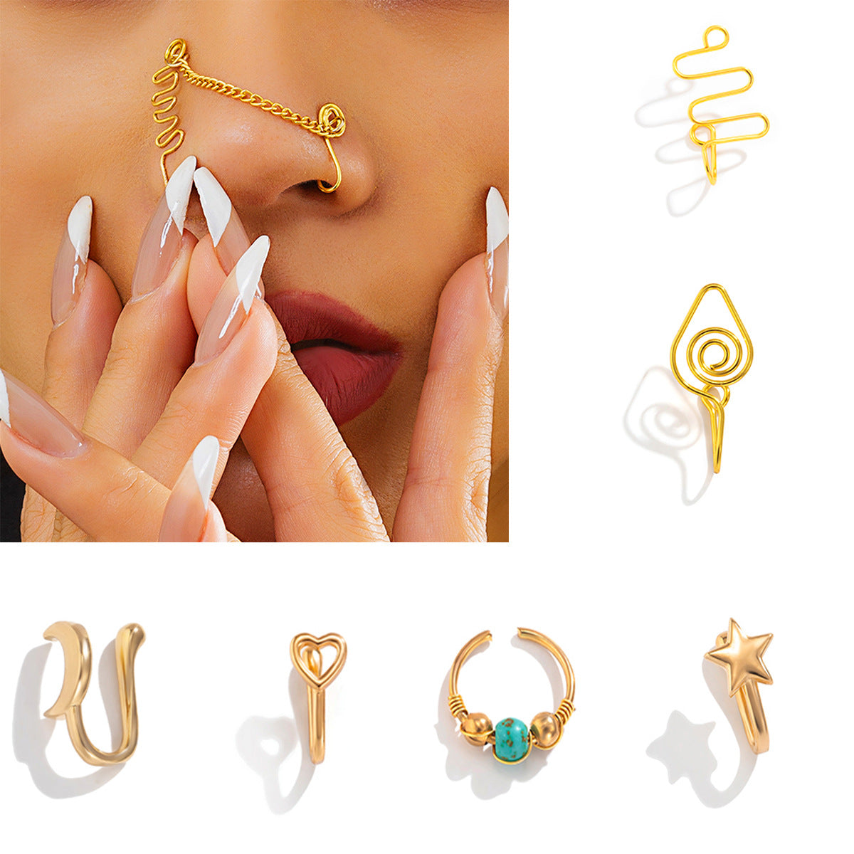 Minimalist Geometric Teardrop Star Moon Brass Plated Nose Clip with Turquoise Inlay for Women
