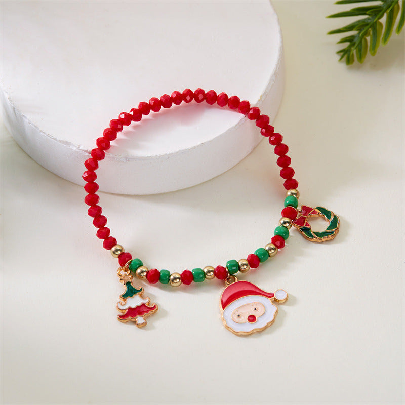 Bracciale natalizio alla moda da donna con ciondoli a forma di Babbo Natale e pupazzo di neve, design con perline, finitura galvanizzata, accessorio a tema festivo