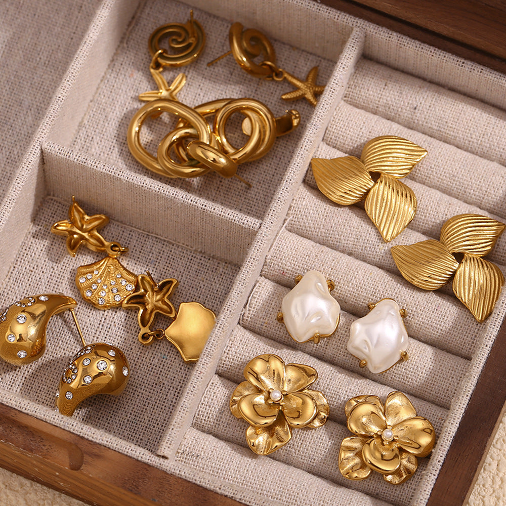 Orecchini da donna con stella marina floreale vintage in acciaio inossidabile placcati oro 18K