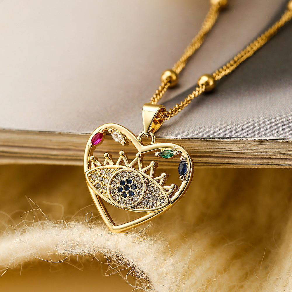 Geometric Evil Eye Pendant Necklace for Women in Copper with Real Gold Plating and Zircon Inlay