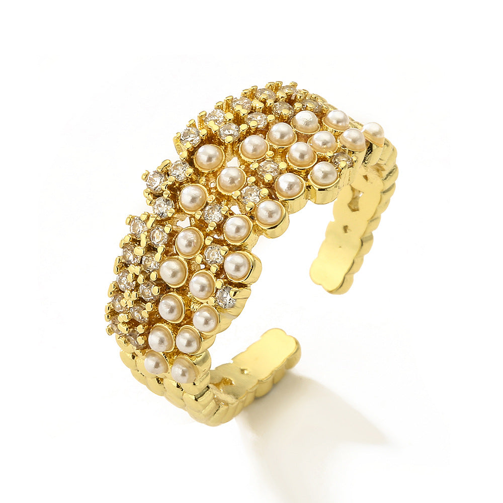 Geometric Open Ring for Women with Copper Base Plated in Real Gold Micro-Paved Zirconia and Pearl Accents
