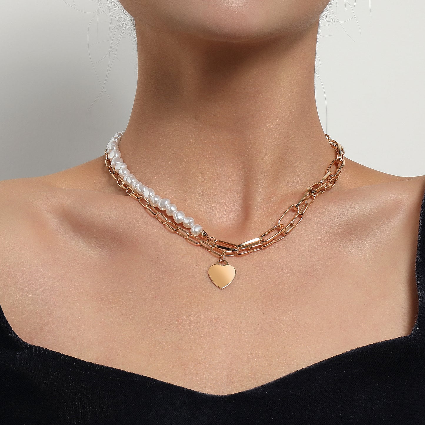 Fashion Polished Heart Pendant Necklace for Women Alloy Double Layer Chunky Chain