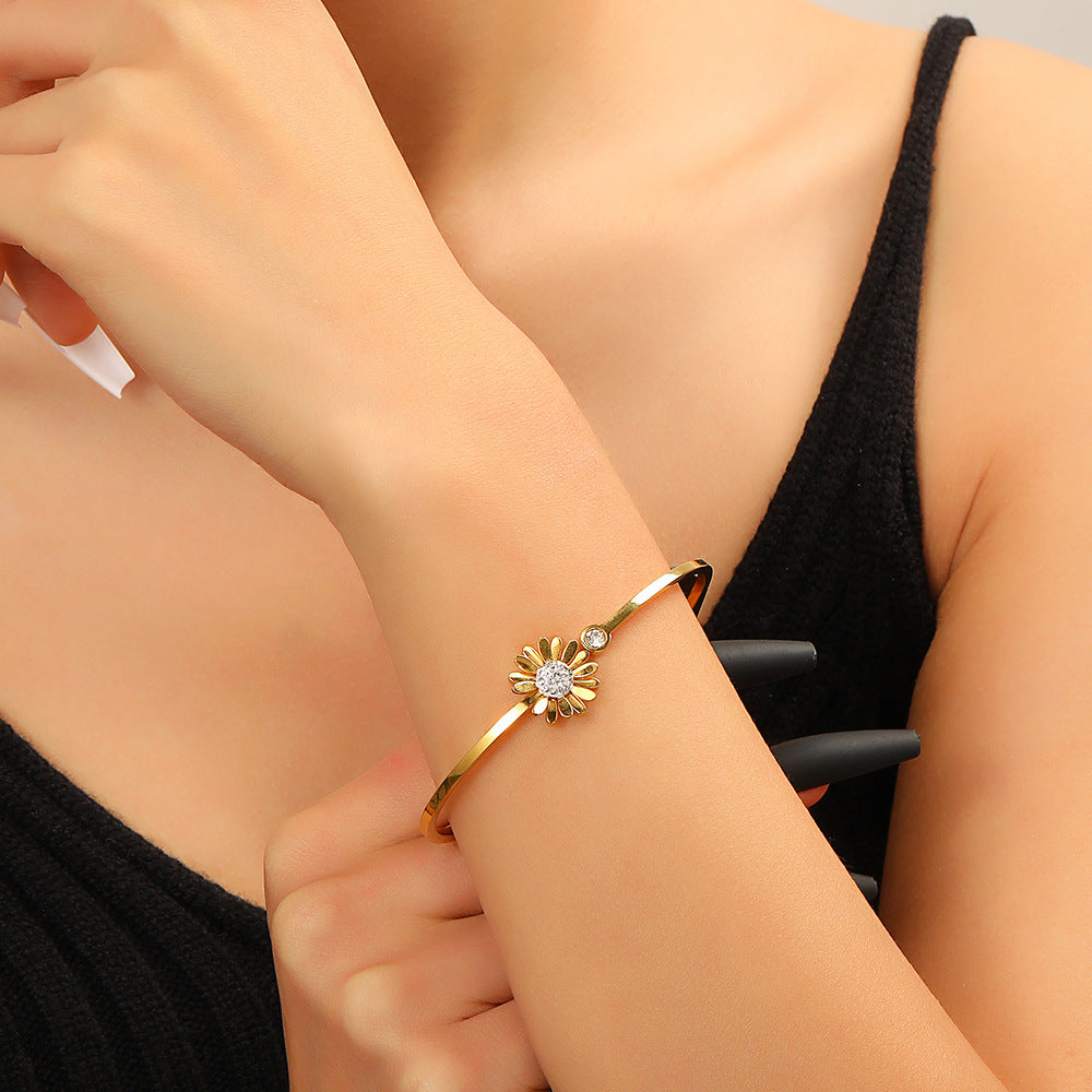 Fashion Floral Plant Rhinestone Inlay Plated Titanium Steel Open Cuff Bracelet for Women