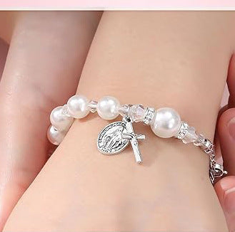 8mm Artificial Pearl Alloy Cross and Oval Pendant Bracelet for Women