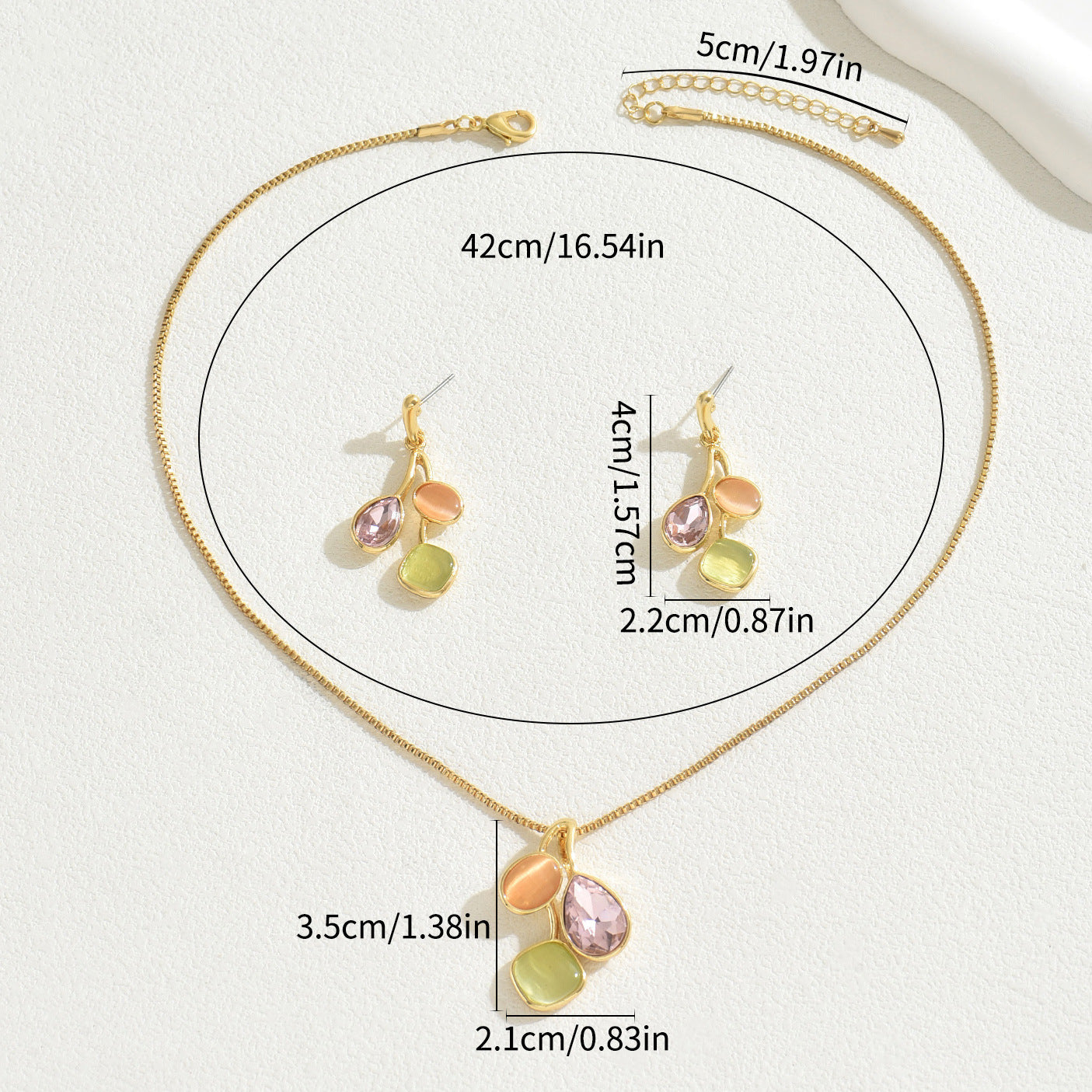 Conjunto de Collar y Pendientes de Mujer de Estilo Académico Minimalista Inspirado en el Bosque con Colgante Geométrico, Incrustaciones de Circones, Cadena y Aretes de Cobre