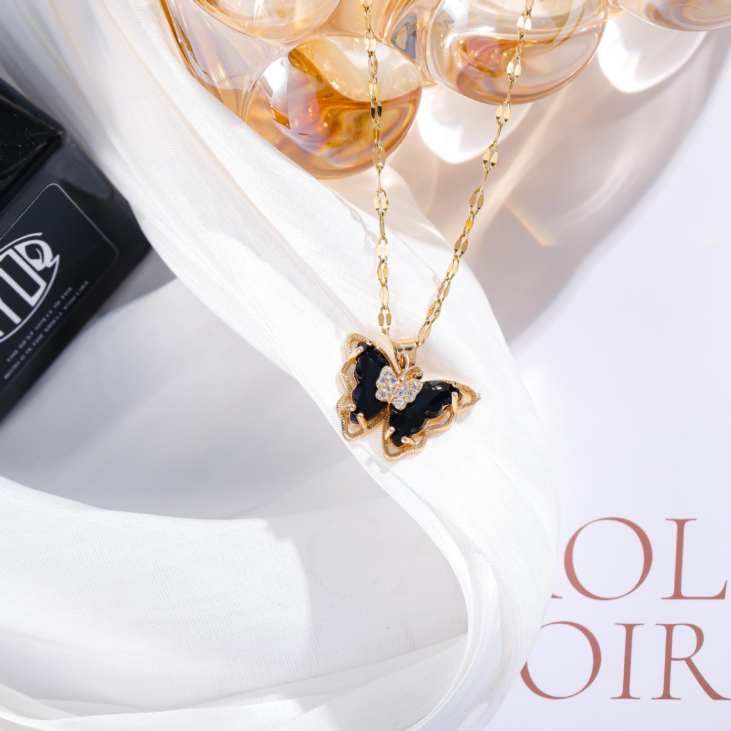 Minimalist Elegant Gold Plated Titanium Steel Butterfly Necklace with Crystal Inlay for Women