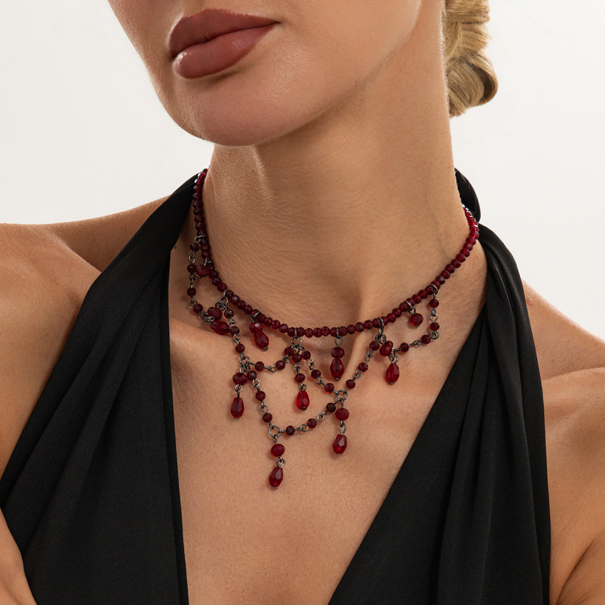 Gothic Red Crystal Teardrop Pendant Drip Oil Tassel Necklace for Women