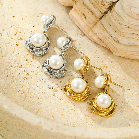 Pendientes redondos de acero inoxidable estilo vintage con perlas incrustadas y baño de oro de 18 quilates para mujer