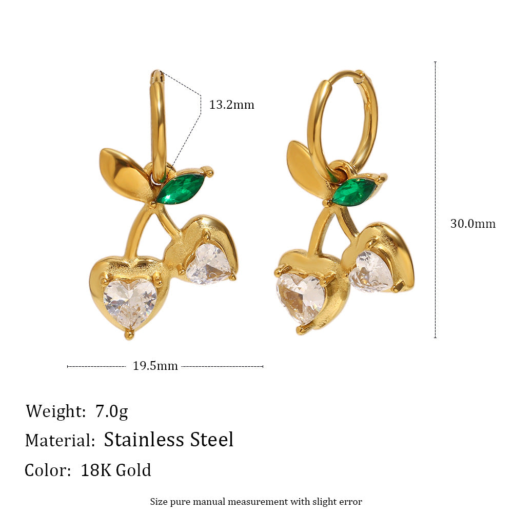 Collana Minimalista da Donna a Forma di Ciliegia in Acciaio Inossidabile con Placcatura in Oro 18 carati e Strass Trasparenti