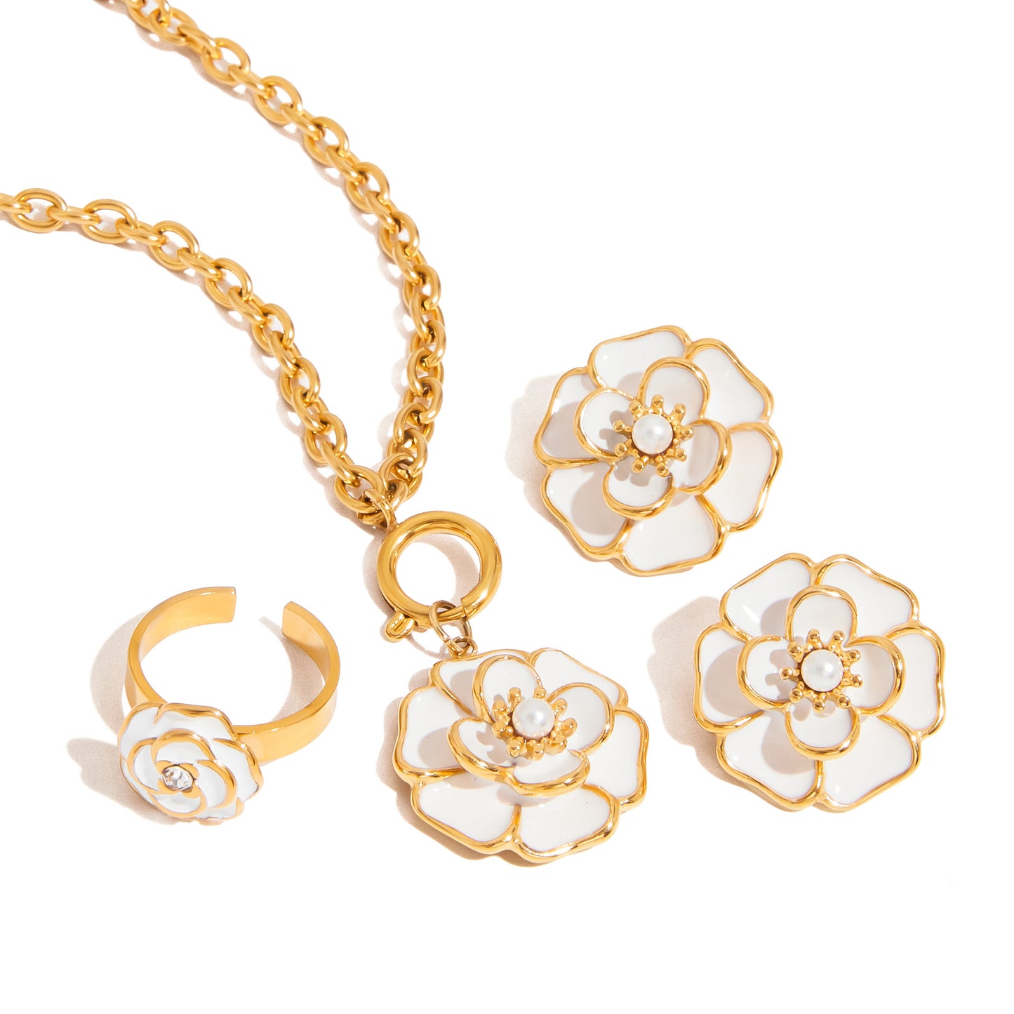 Minimalist Floral Plated Stainless Steel and Titanium Steel Jewelry Set for Women with Cable Chain