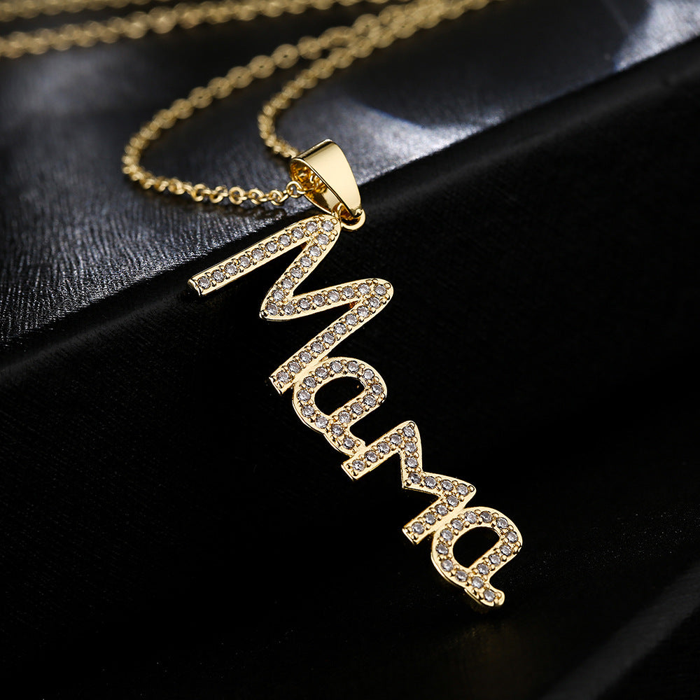 Geometric MAMA Pendant Necklace in Copper with Cubic Zirconia Inlay and 18K Gold Plating for Women