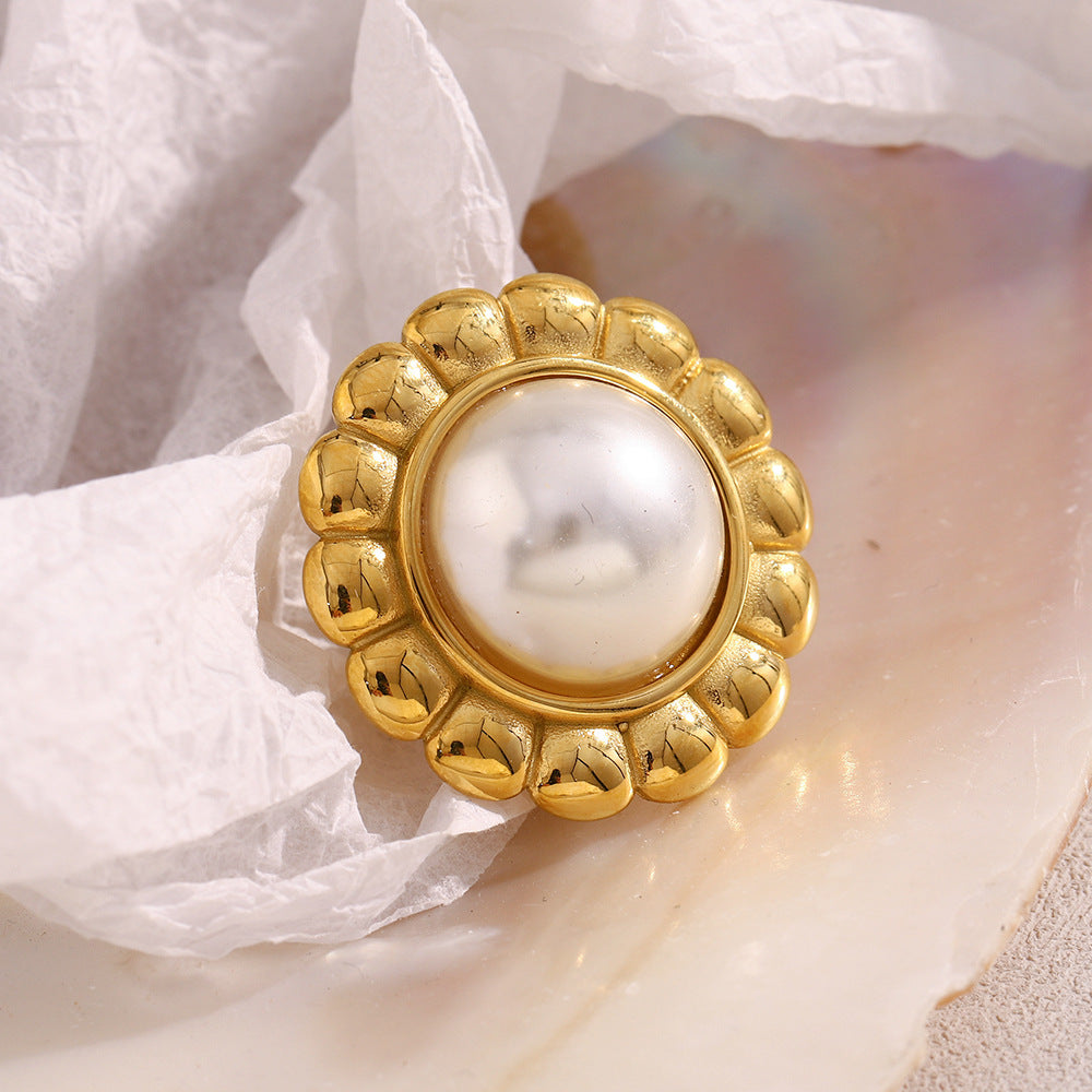 Vintage Luxury Flower-Shaped Stainless Steel Plated 18K Gold Open Ring with Pearl-Like Accents for Women