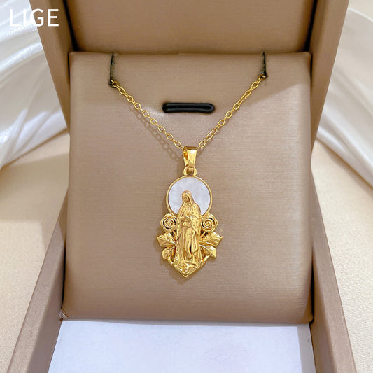 Sweet Elegant Floral Geometric Cartoon Rhinestone Pendant Titanium Steel Necklace for Unisex