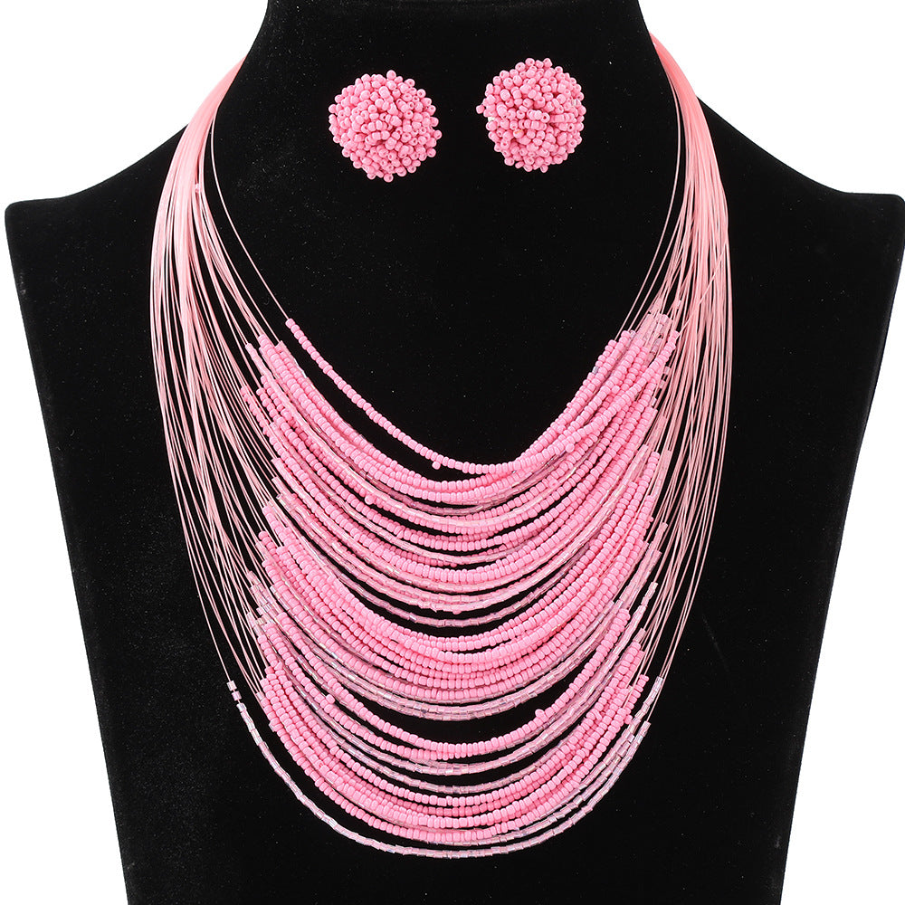 Bohemian Multi-Layer Glass Seed Bead Necklace and Earrings Set for Women with Pearl Chain and Four-Bean Pendant
