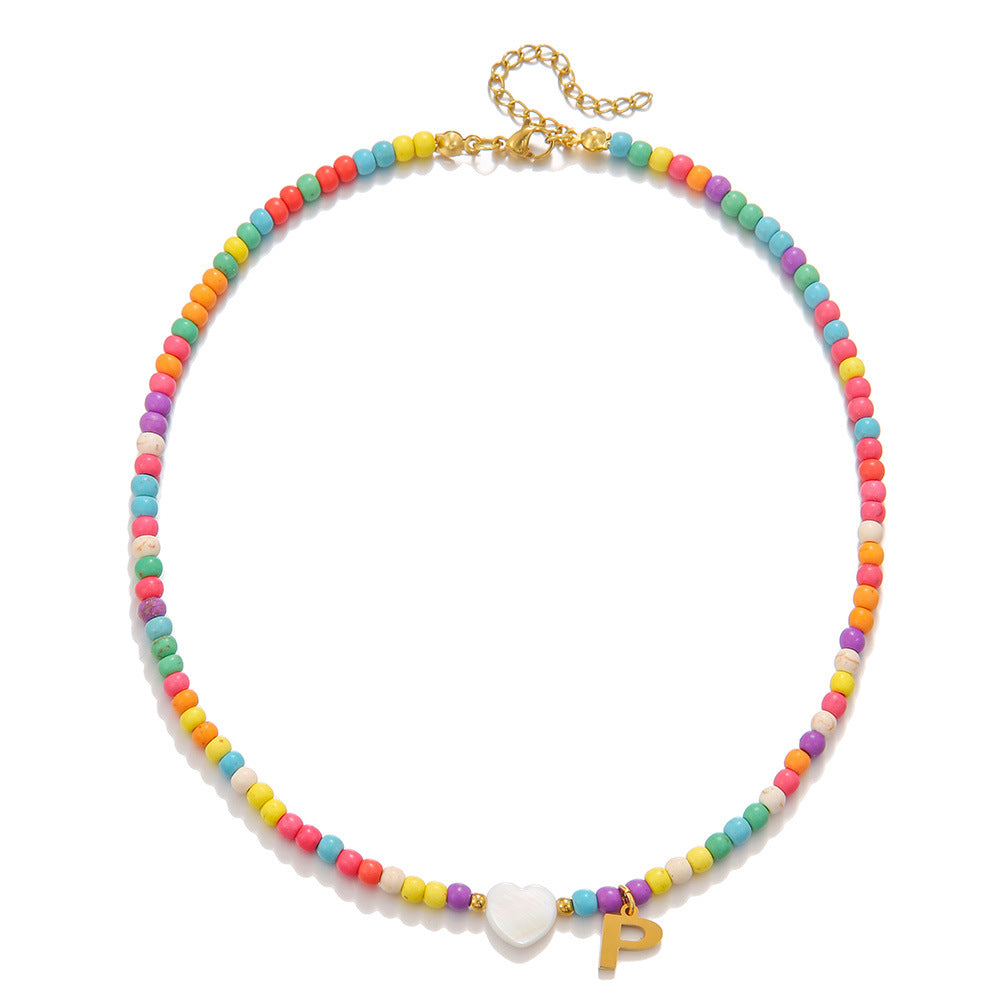 Minimalist Stainless Steel Letter Heart Necklace with Turquoise Inlay Cable Chain Unisex DIY Charm Bar