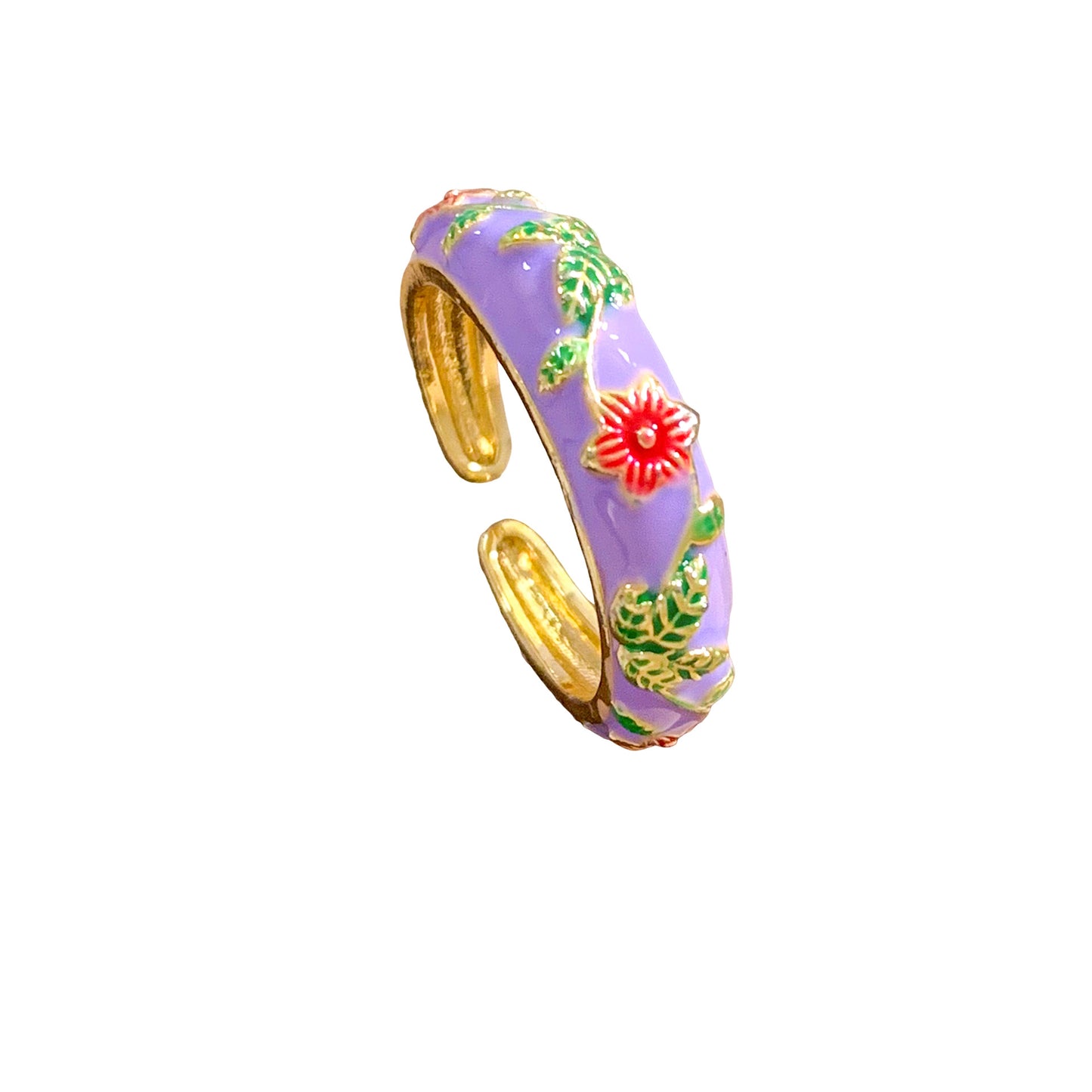 Anello da donna in ottone placcato oro con smalto a fantasia floreale