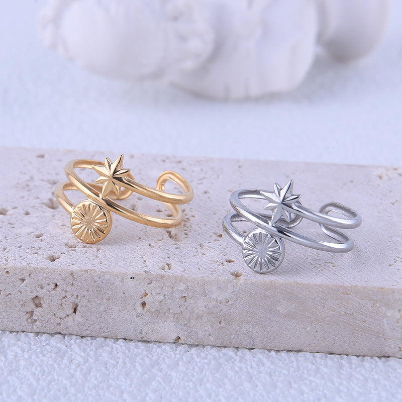 Minimalist Sun Star Titanium Steel Plated Open Ring for Women