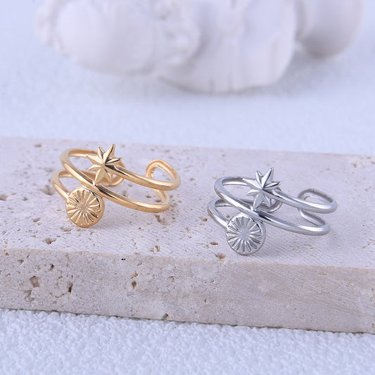 Minimalist Sun Star Titanium Steel Plated Open Ring for Women
