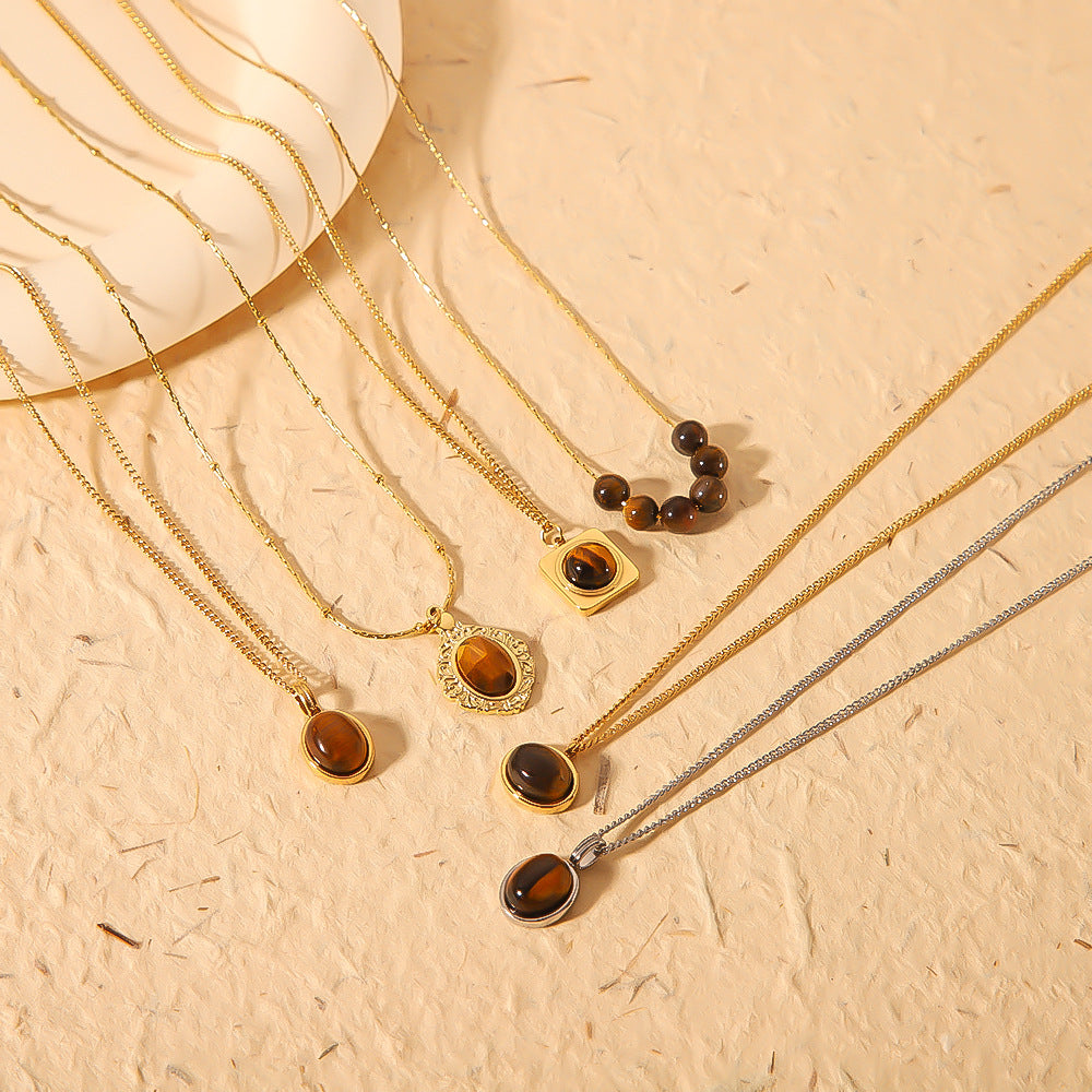 Vintage French Style Geometric Pendant Necklace for Women Stainless Steel with 18K Gold Plating and Natural Tiger Eye Inlay