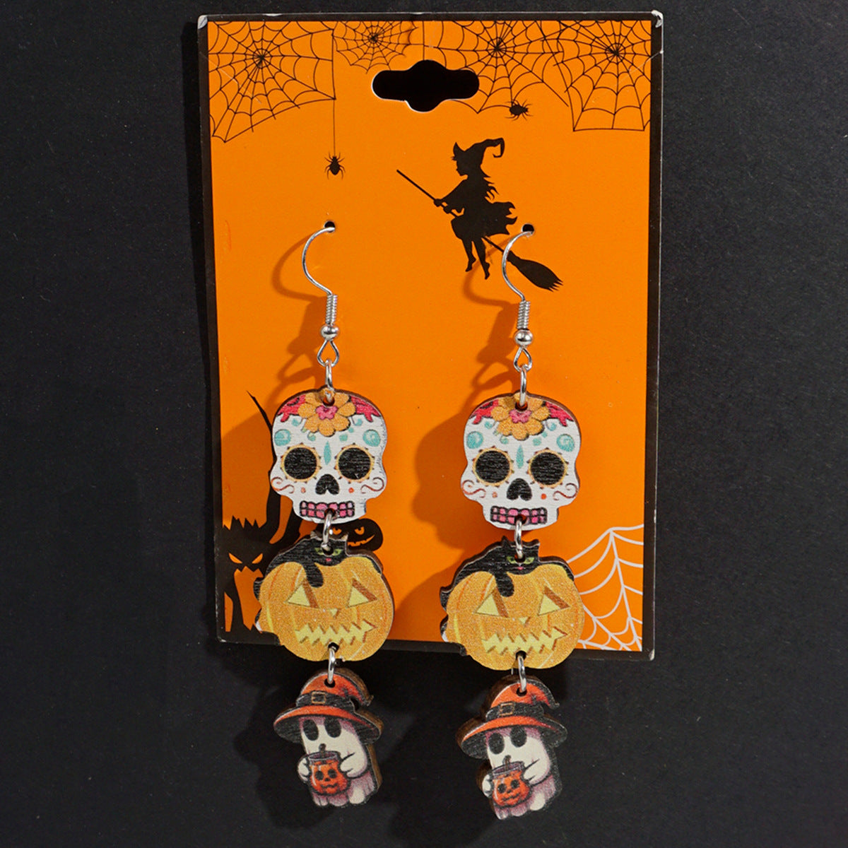 Pendientes de madera con temática de Halloween con fantasma de dibujos animados, calabaza y colgante de calavera para decoración de fiestas